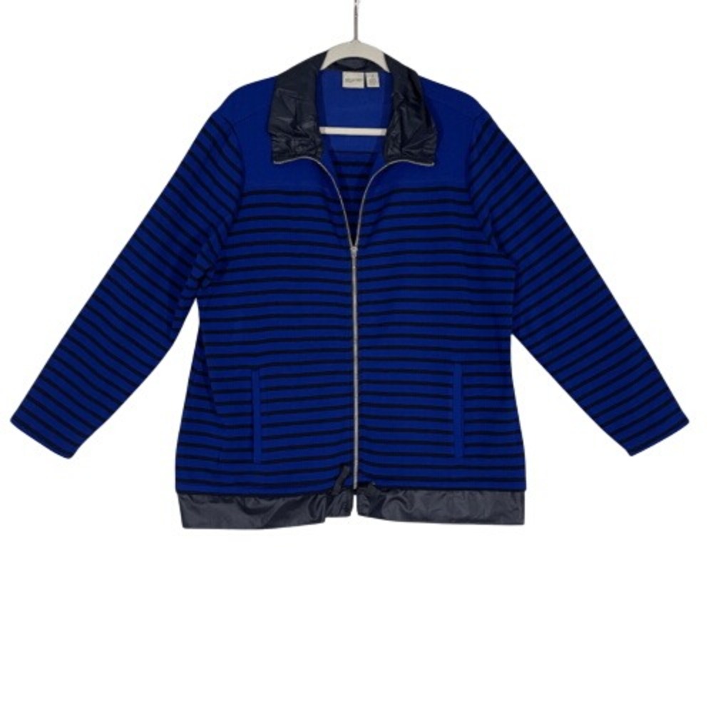 Chico's Zenergy Blue Black Stripe‎ Zip Jacket Mock Collar Size 3 L/XL